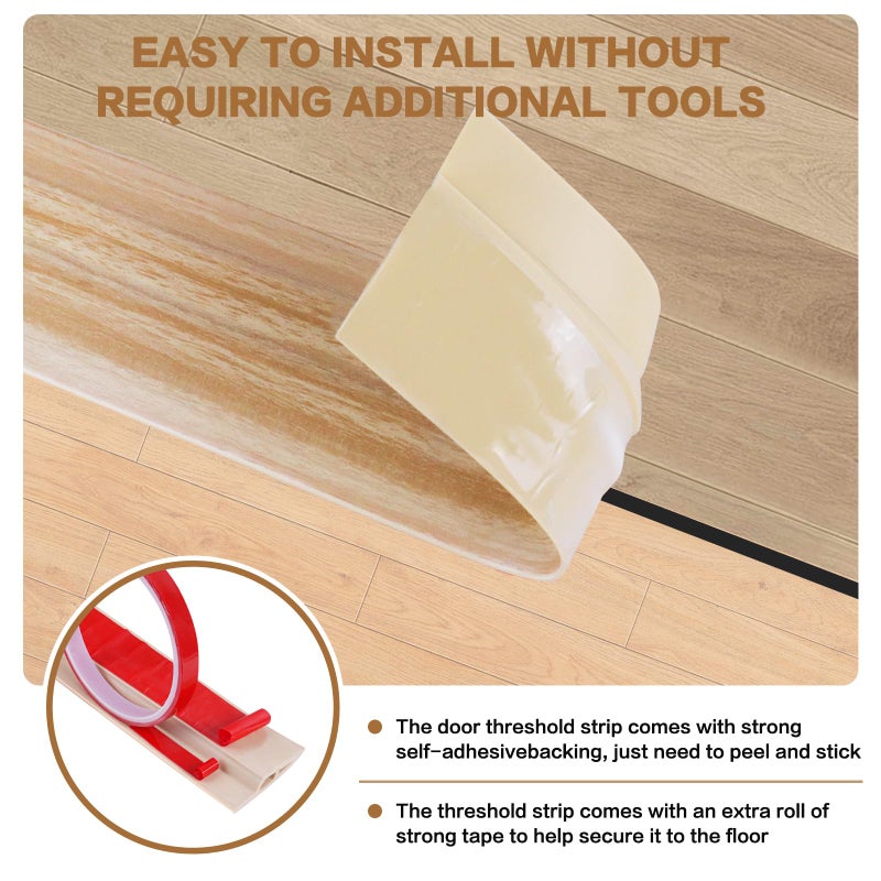 DBHXXMB-HH Floor Transition Strip Vinyl Door Threshold Ramp Self Adhesive Carpet Edging Strip Doorway Edge Trim, Overlap Edge Reducer for Laminate Carpet, Floor, Tile (Light Yellow Grain, 1/5"" to 2/5"", 10Ft) - Image 2